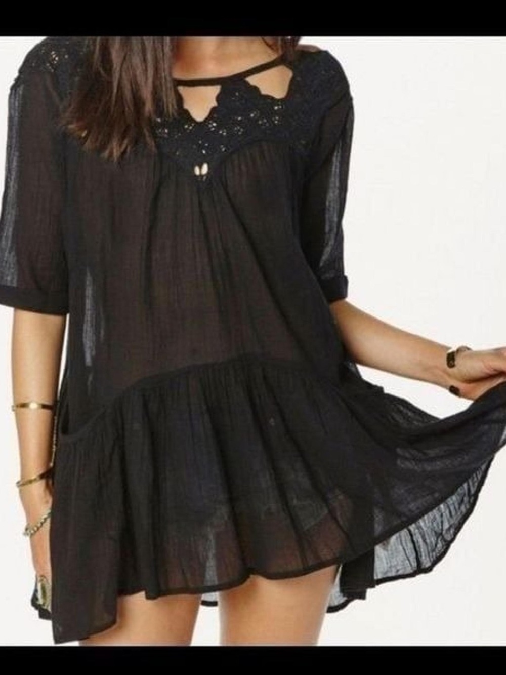 Free People Sun & Moon Tunic Mini Dress Black Crochet Lace Cotton Gauze L boho